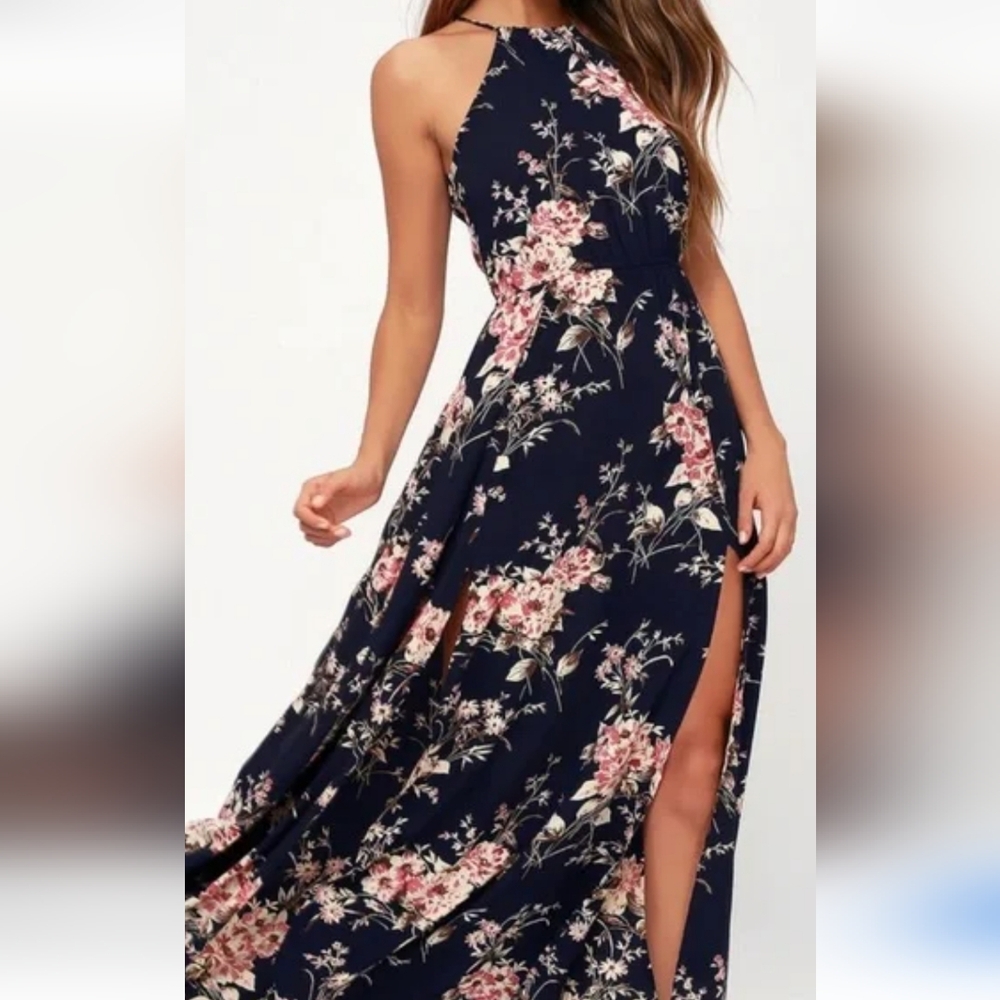 Lulu's Elegant Navy and Pink Floral Maxi Dress
